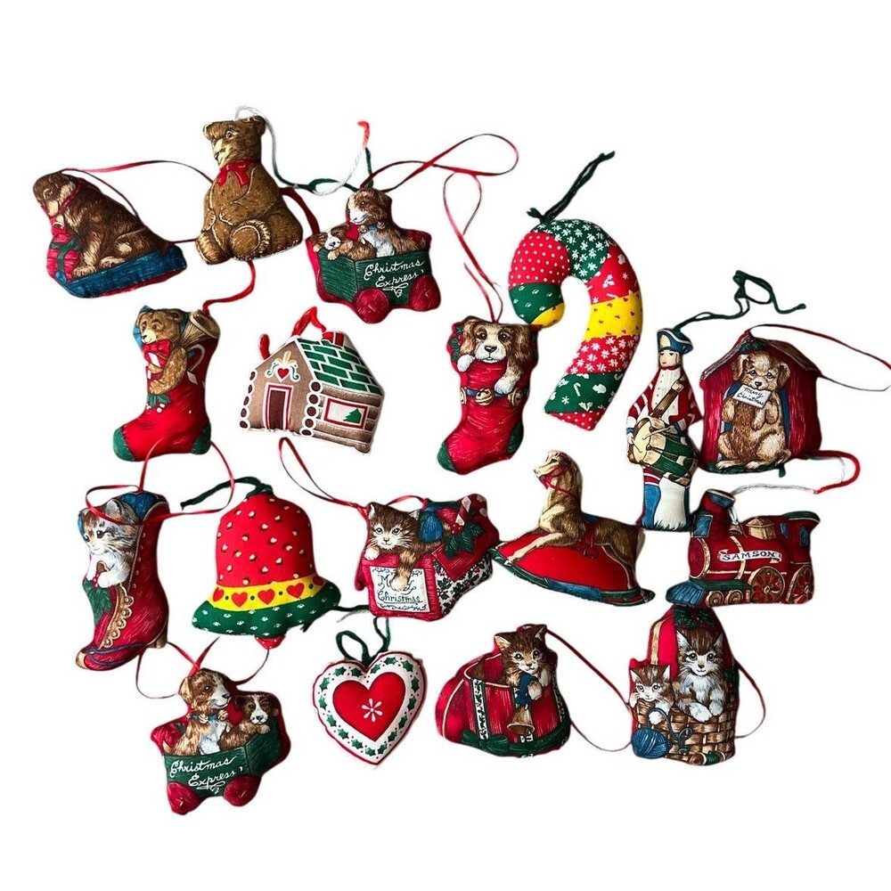 Vtg Fabric Stuffed Plush Christmas Handmade Ornaments Lot Of 18 Dogs Cats Bears
